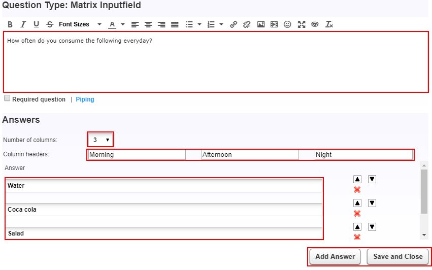 Matrix input field settings