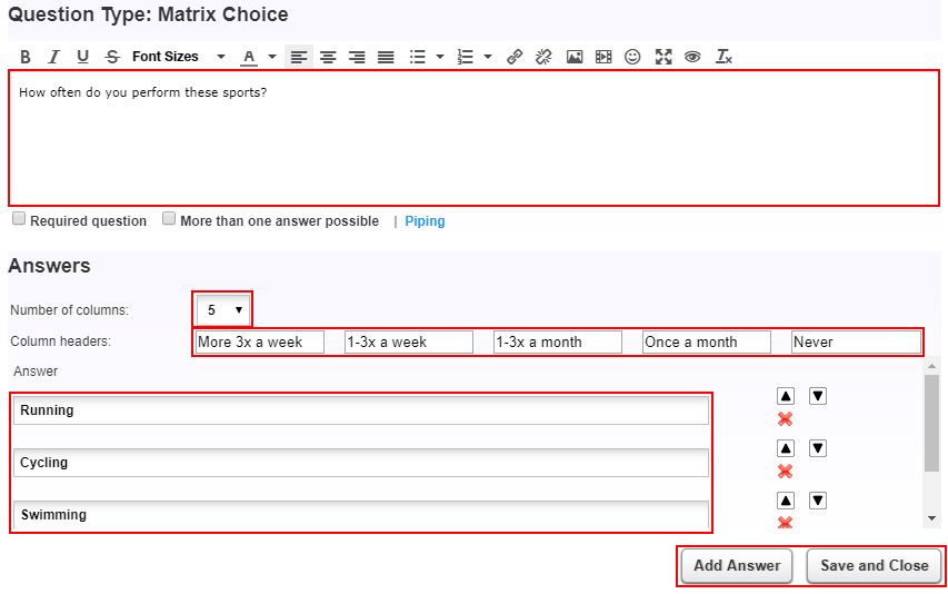 Matrix question settings
